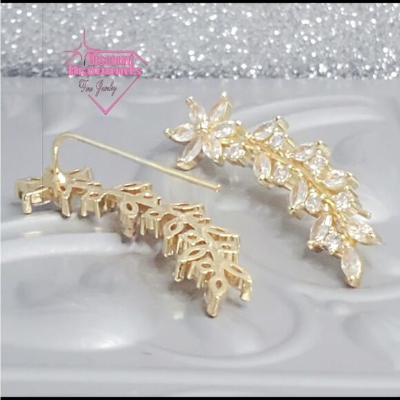 Clear White Diamonds 18K Yellow Gold Ear Climber Earrings  on 925 Silver - Picture 8 of 10